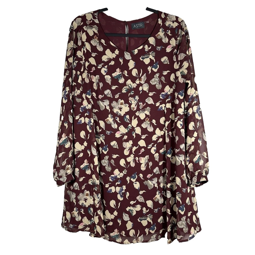 ASTR Medium Mini Dress Burgundy Long Sleeve Floral Chiffon A-Line ADR93558